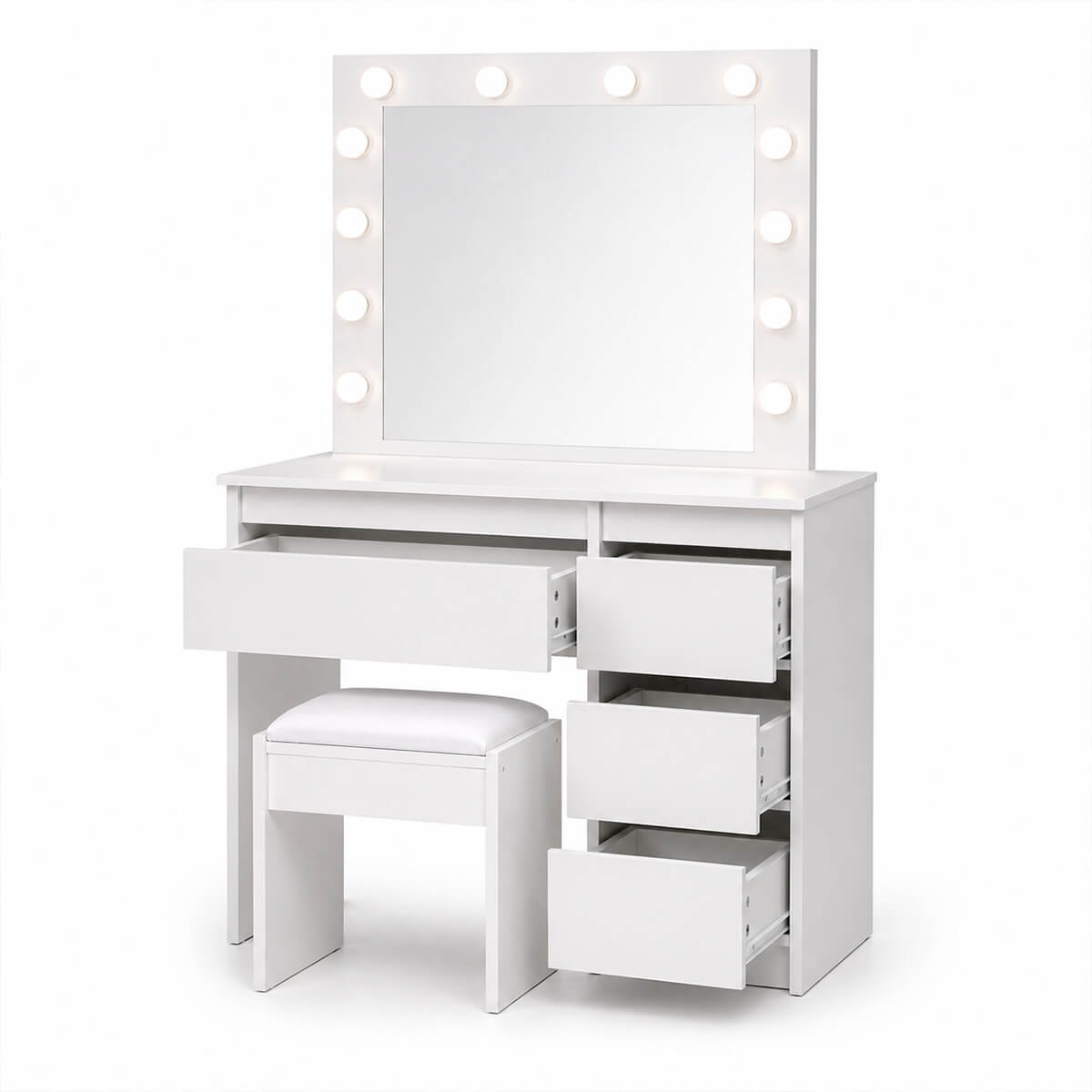 Sminkbord Julia med Hollywood-spegel och stol, vitt 94 x 43 x 140 cm