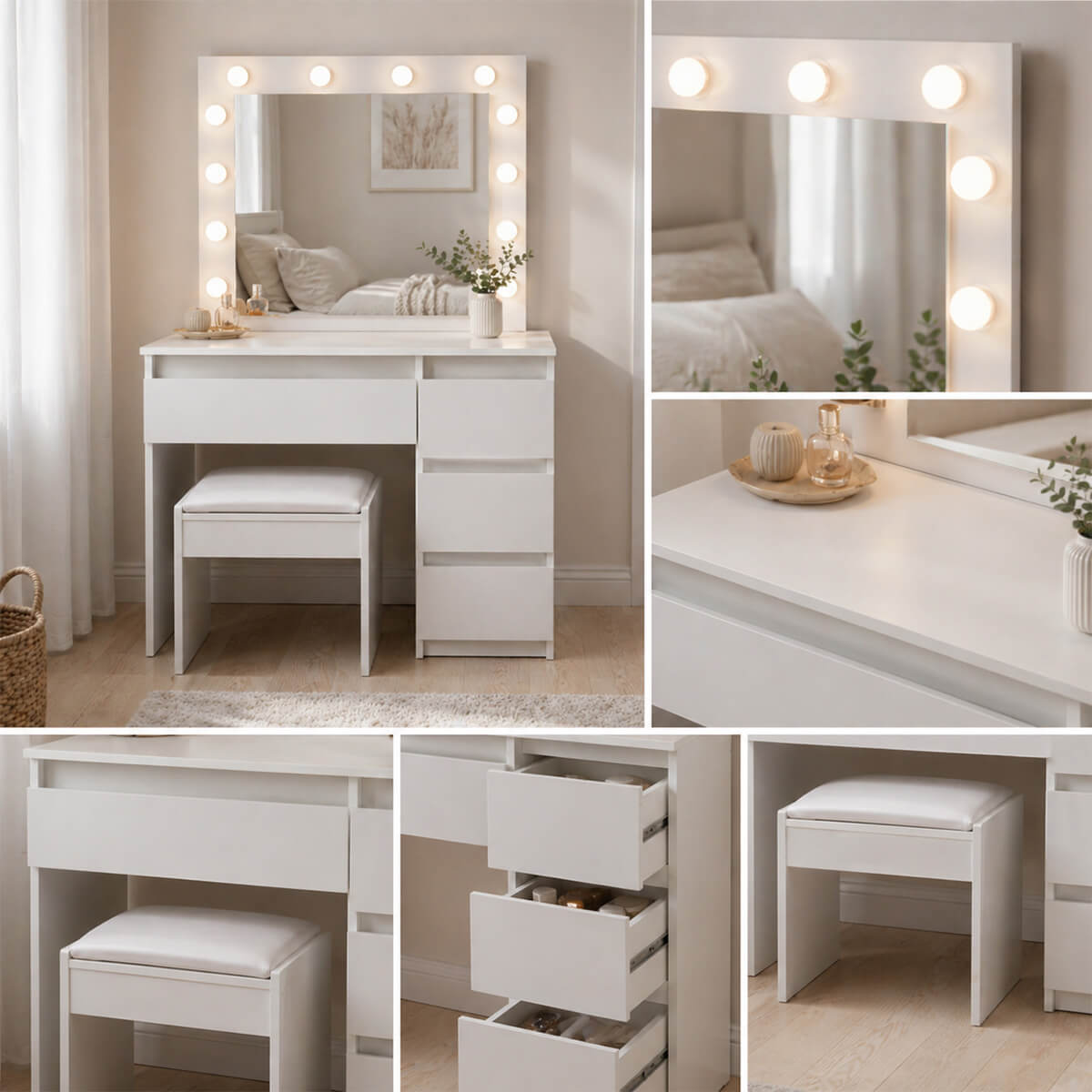 Sminkbord Julia med Hollywood-spegel och stol, vitt 94 x 43 x 140 cm