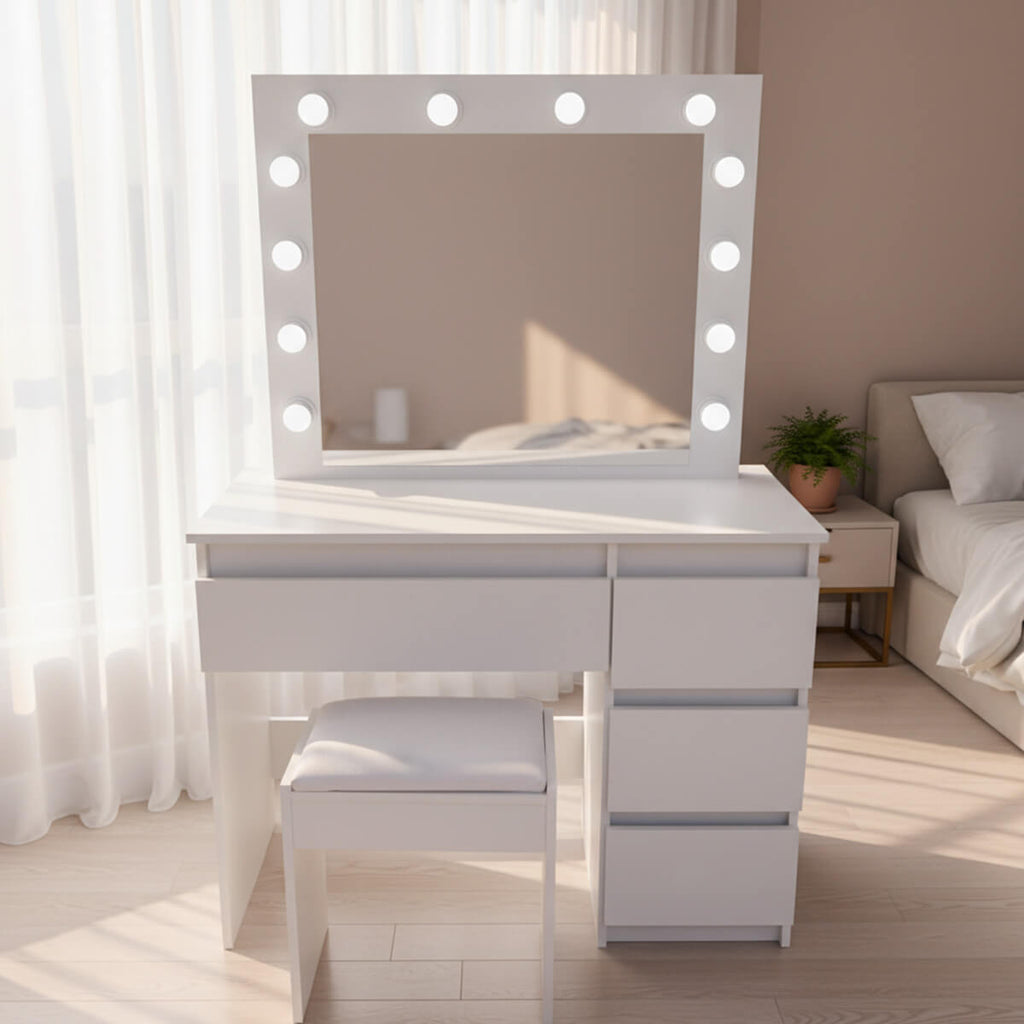 Sminkbord Julia med Hollywood-spegel och stol, vitt 94 x 43 x 140 cm