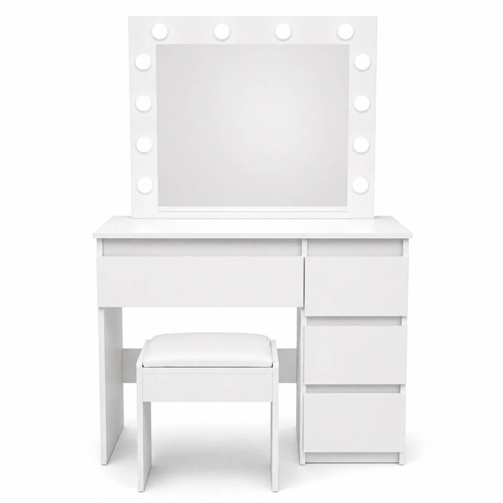 Sminkbord Julia med Hollywood-spegel och stol, vitt 94 x 43 x 140 cm