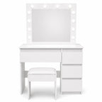 Sminkbord Julia med Hollywood-spegel och stol, vitt 94 x 43 x 140 cm