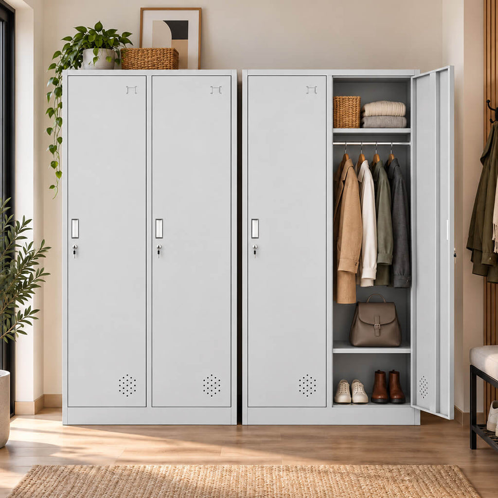 Metallinen Vaatekaappi 2 ovea, 180 cm, lukittava pukukaappi, vaalean harmaa