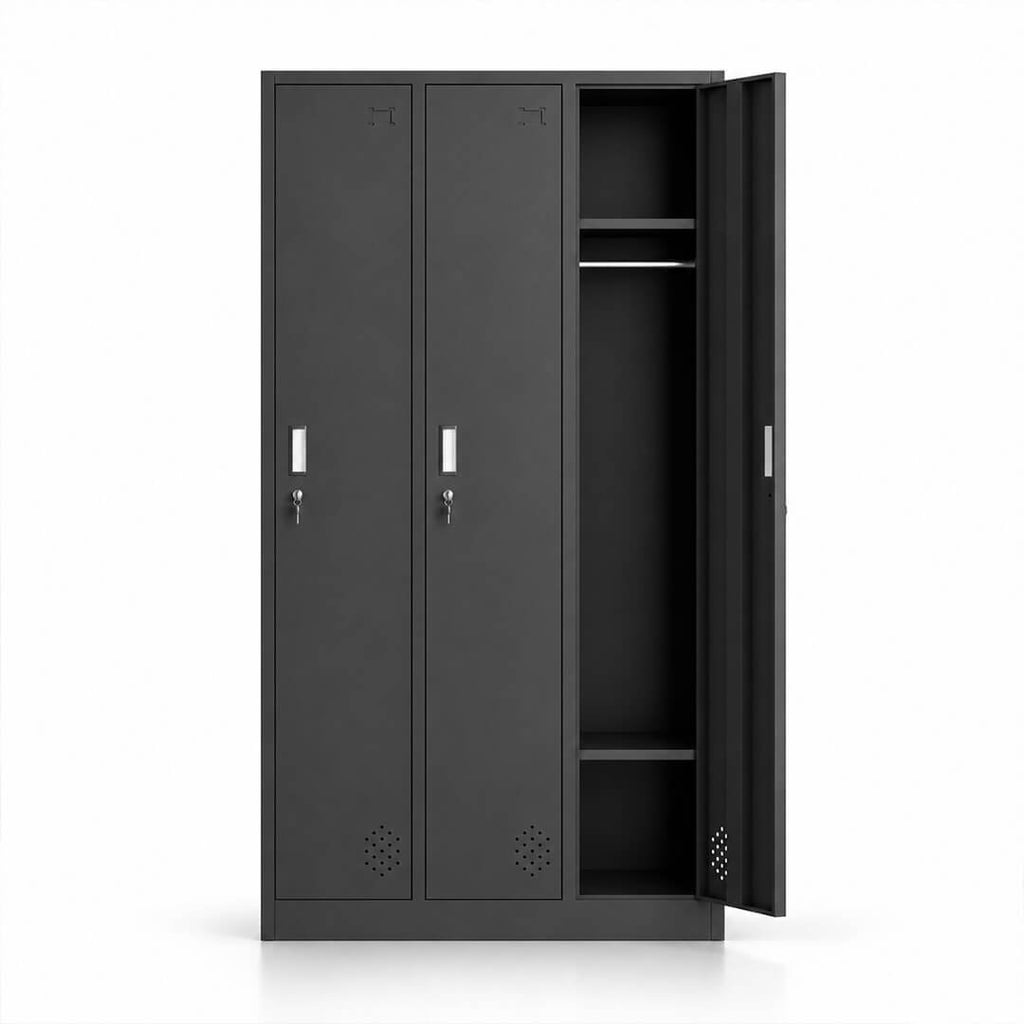 Metallinen Vaatekaappi 3 ovea 90 x 42 x 180 cm, lukittava – musta