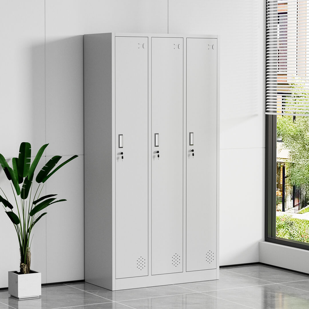 Metallinen Vaatekaappi 3 ovea 90 x 42 x 180 cm, lukittava – vaalean harmaa