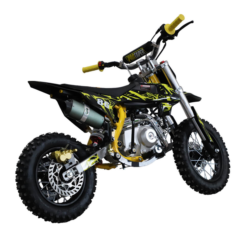Minikrossi 110cc 4-tahti – puoliautomaatti, 80 km/h, hydrauliset levyjarrut, keltainen