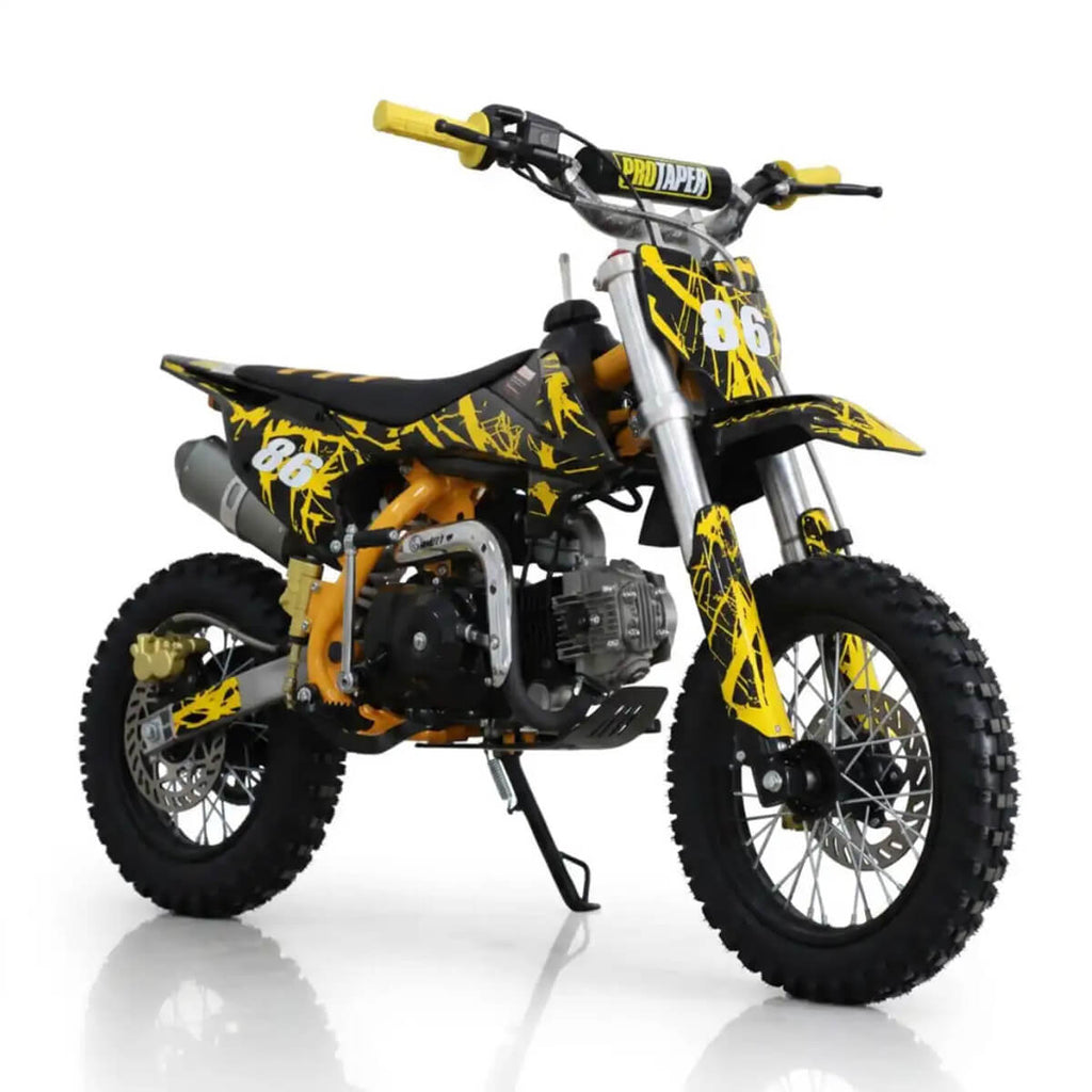 Minikrossi 110cc 4-tahti – puoliautomaatti, 80 km/h, hydrauliset levyjarrut, keltainen