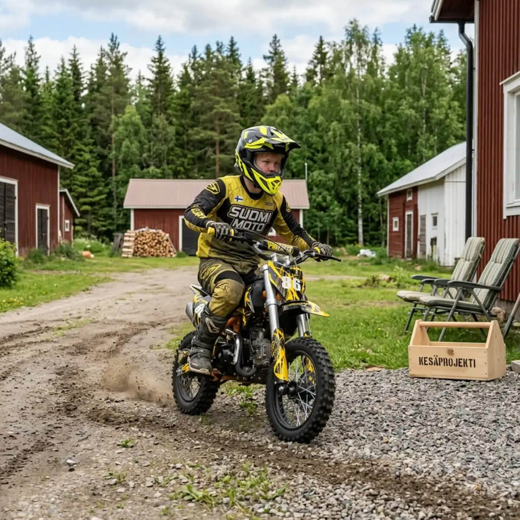 Minikrossi 110cc 4-tahti – puoliautomaatti, 80 km/h, hydrauliset levyjarrut, keltainen