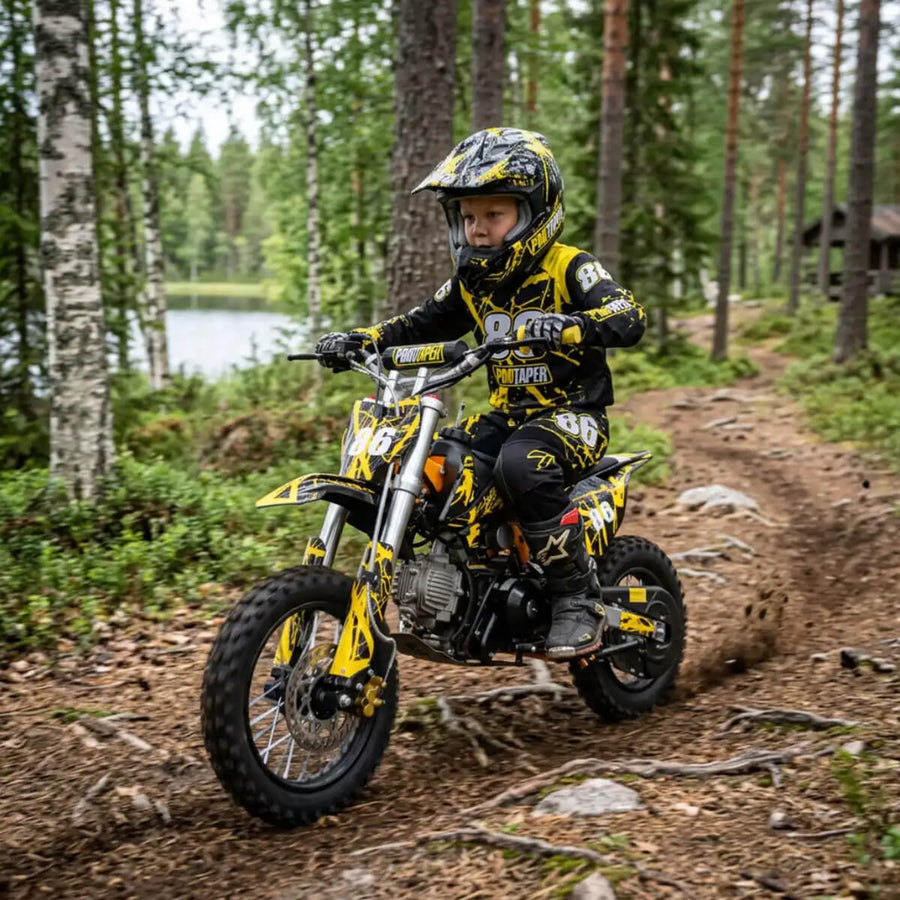 Minikrossi 110cc 4-takts – halvautomatisk, 80 km/h, hydrauliska skivbromsar, gul