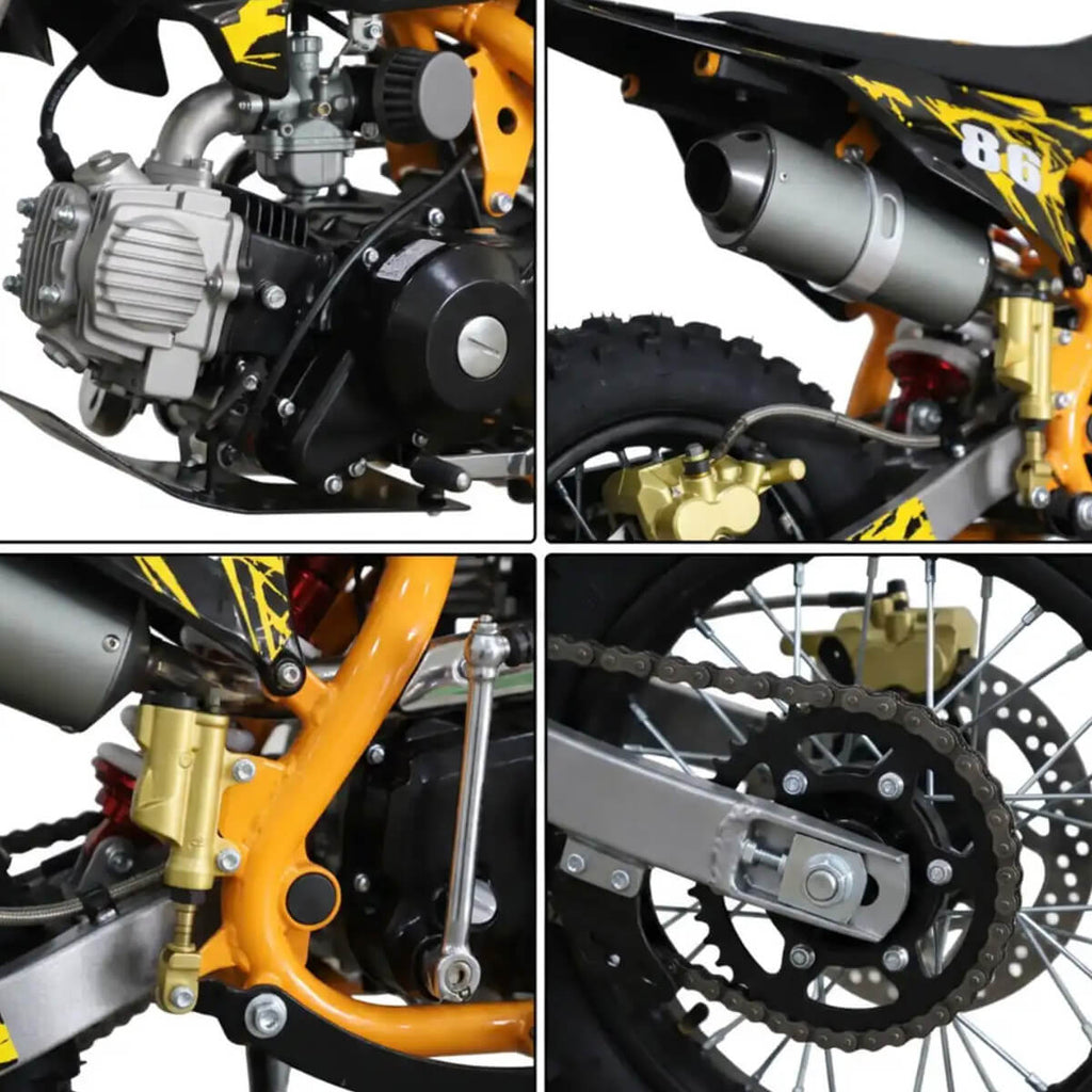 Minikrossi 110cc 4-tahti – puoliautomaatti, 80 km/h, hydrauliset levyjarrut, keltainen