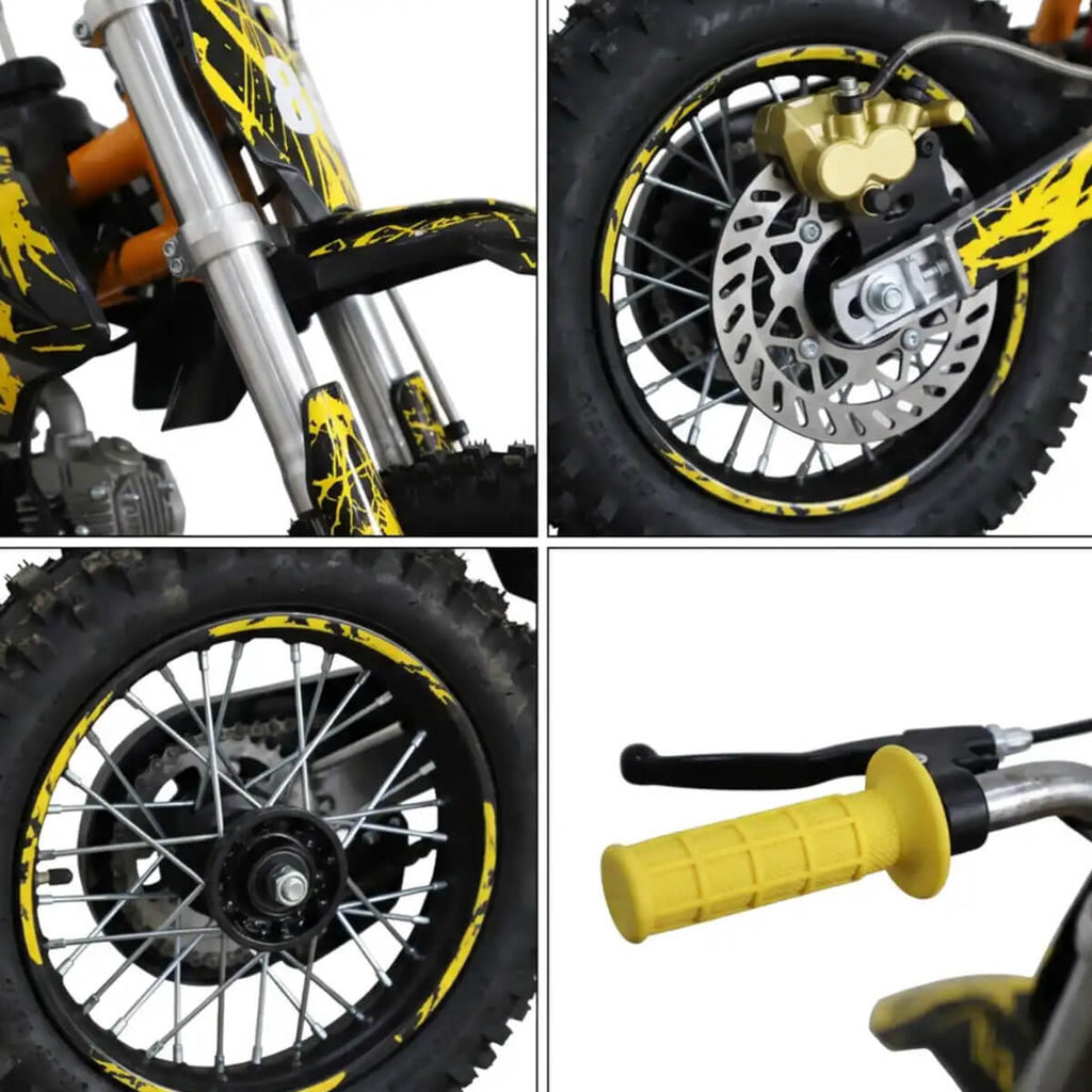 Minikrossi 110cc 4-tahti – puoliautomaatti, 80 km/h, hydrauliset levyjarrut, keltainen