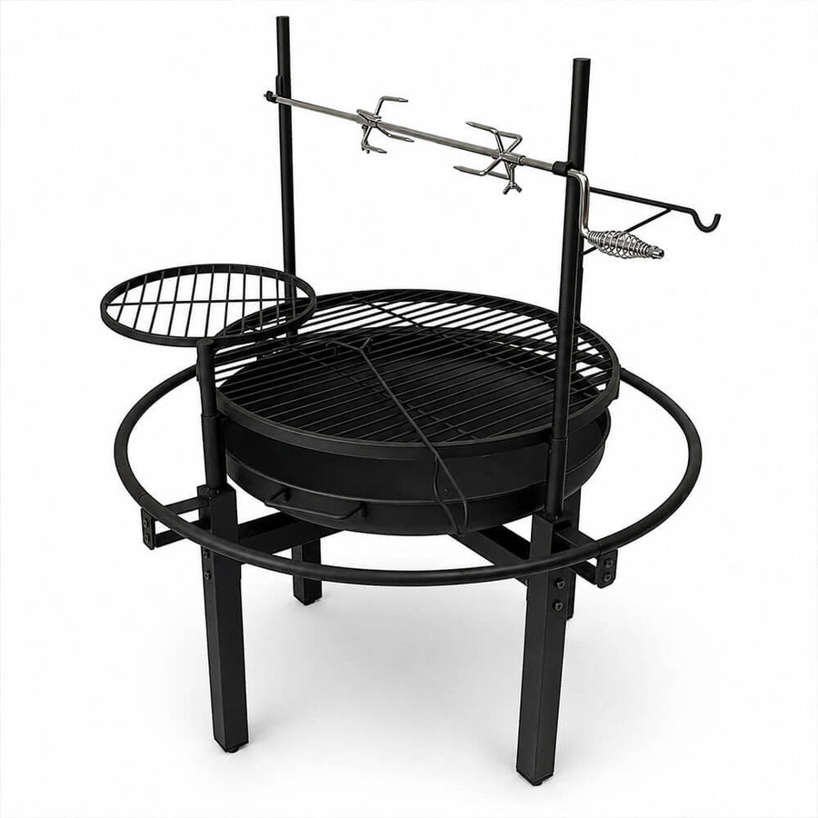 Multifunktionell utomhuseldstad 86 x 86 cm – 60 cm eldstad, 2 grillgaller, grillspett