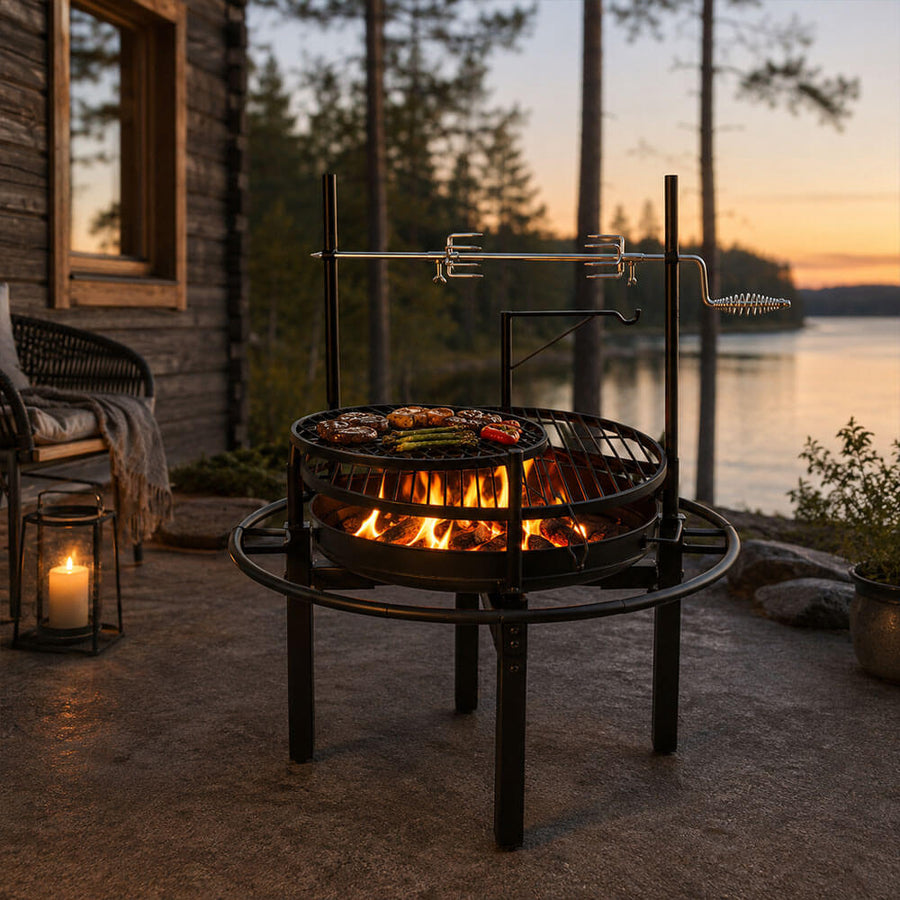 Multifunktionell utomhuseldstad 86 x 86 cm – 60 cm eldstad, 2 grillgaller, grillspett