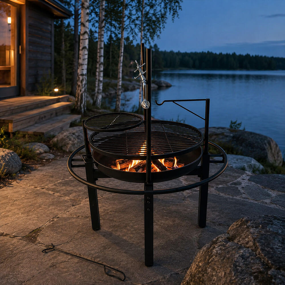 Multifunktionell utomhuseldstad 86 x 86 cm – 60 cm eldstad, 2 grillgaller, grillspett