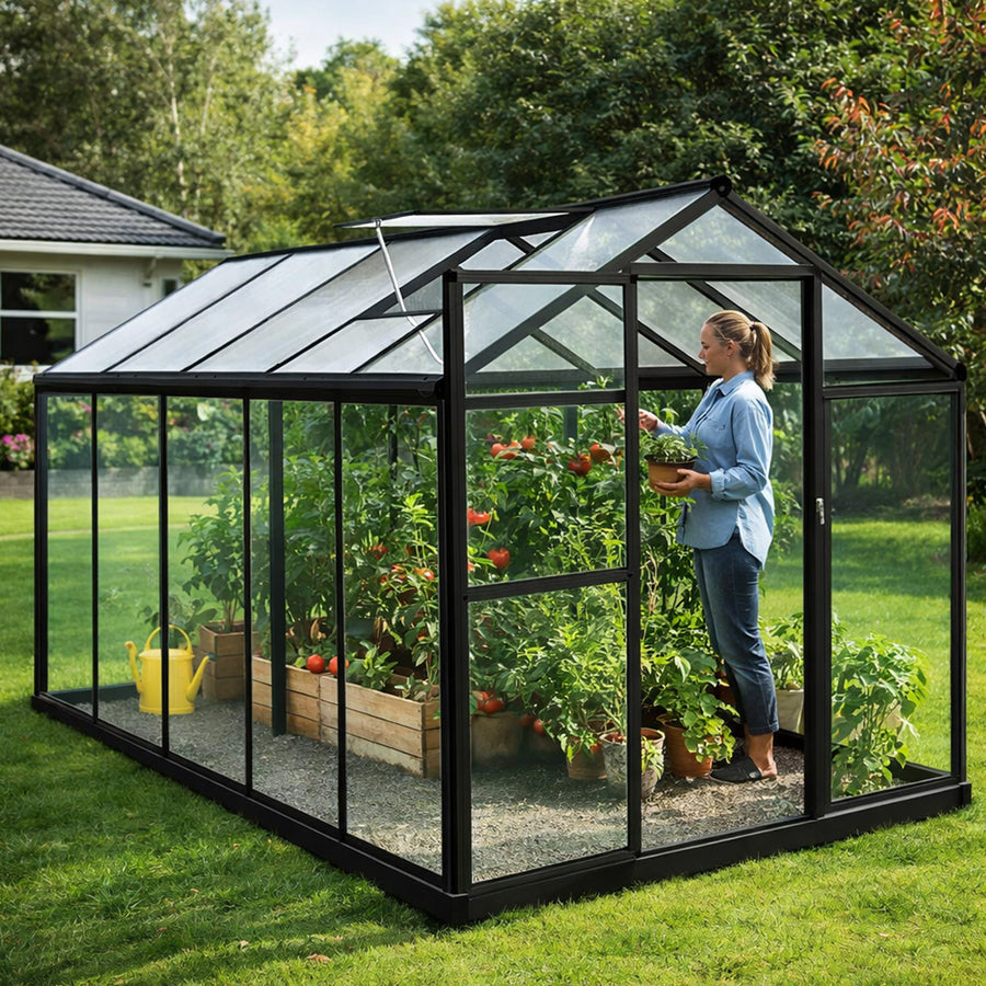 Hybridikasvihuone 5,4 m² – 302 x 190 x 195 cm, polykarbonaattikatto, musta