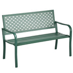Metallinen puutarhapenkki kukkakuvioinnilla ja käsinojilla, 127 cm, tummanvihreä