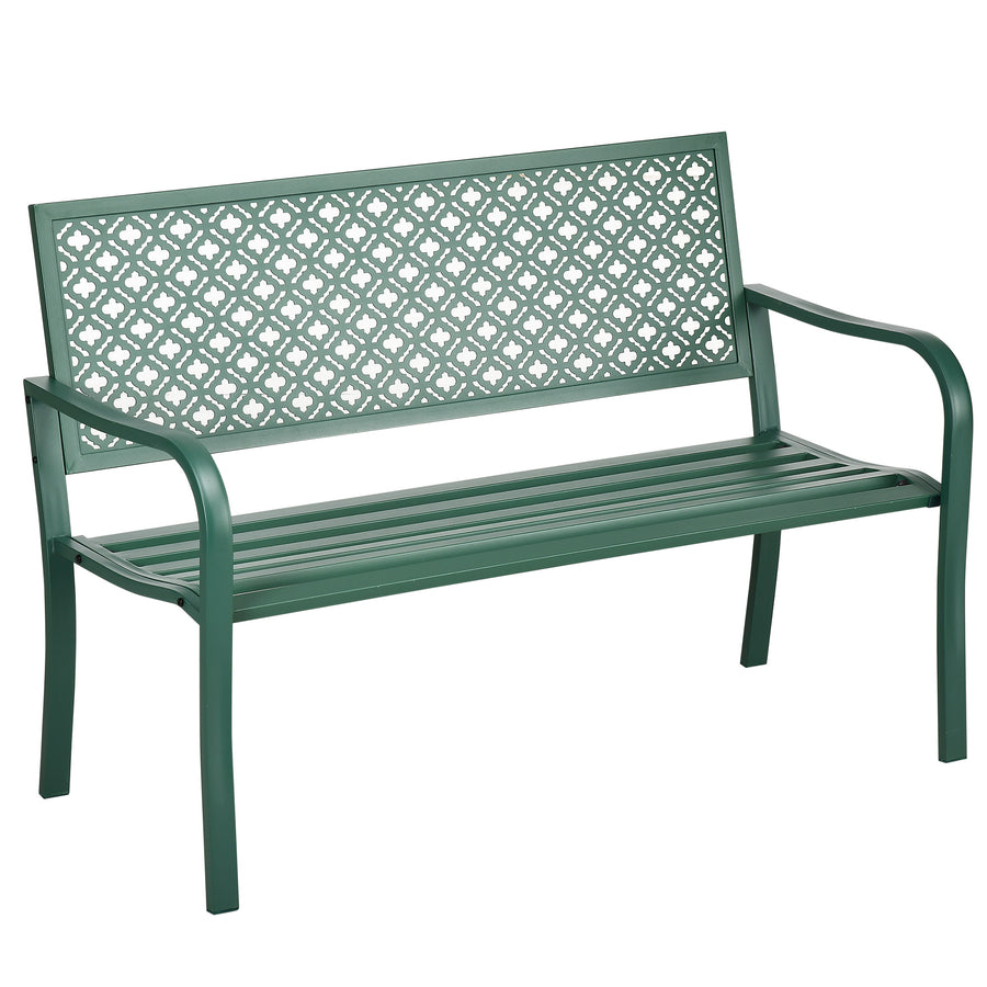 Metallinen puutarhapenkki kukkakuvioinnilla ja käsinojilla, 127 cm, tummanvihreä