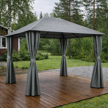 B-OUT! Pihapaviljonki 3 x 4 m – teräsrunko, PA-pinnoitettu katto, sivuverhot, vihreänharmaa - LUE TUOTEKUVAUS