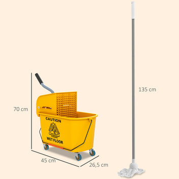 Moppiämpäri 20 l sivupuristimella, moppi ja harja-rikkalapio, säilytyskori, pyörät, keltainen
