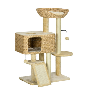 Kissan raapimispuu pesällä, pedillä ja rampilla, 98 cm, luonnonväri/beige