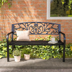 Metallinen puutarhapenkki kukkakuvioinnilla, 2-istuttava, 127 cm, musta