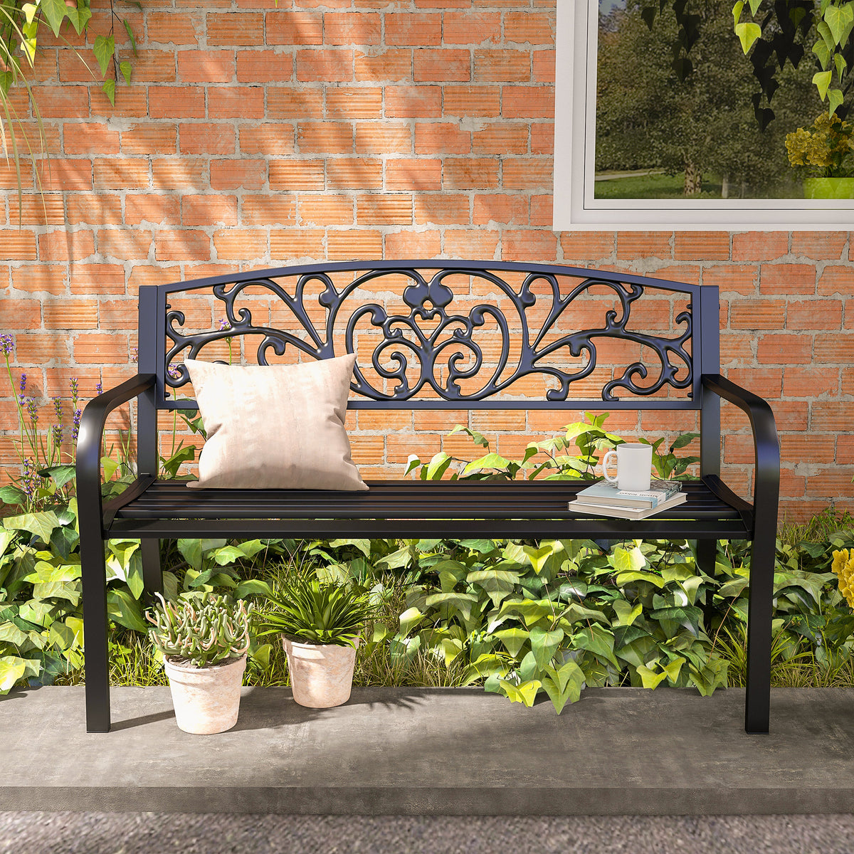 Metallinen puutarhapenkki kukkakuvioinnilla, 2-istuttava, 127 cm, musta