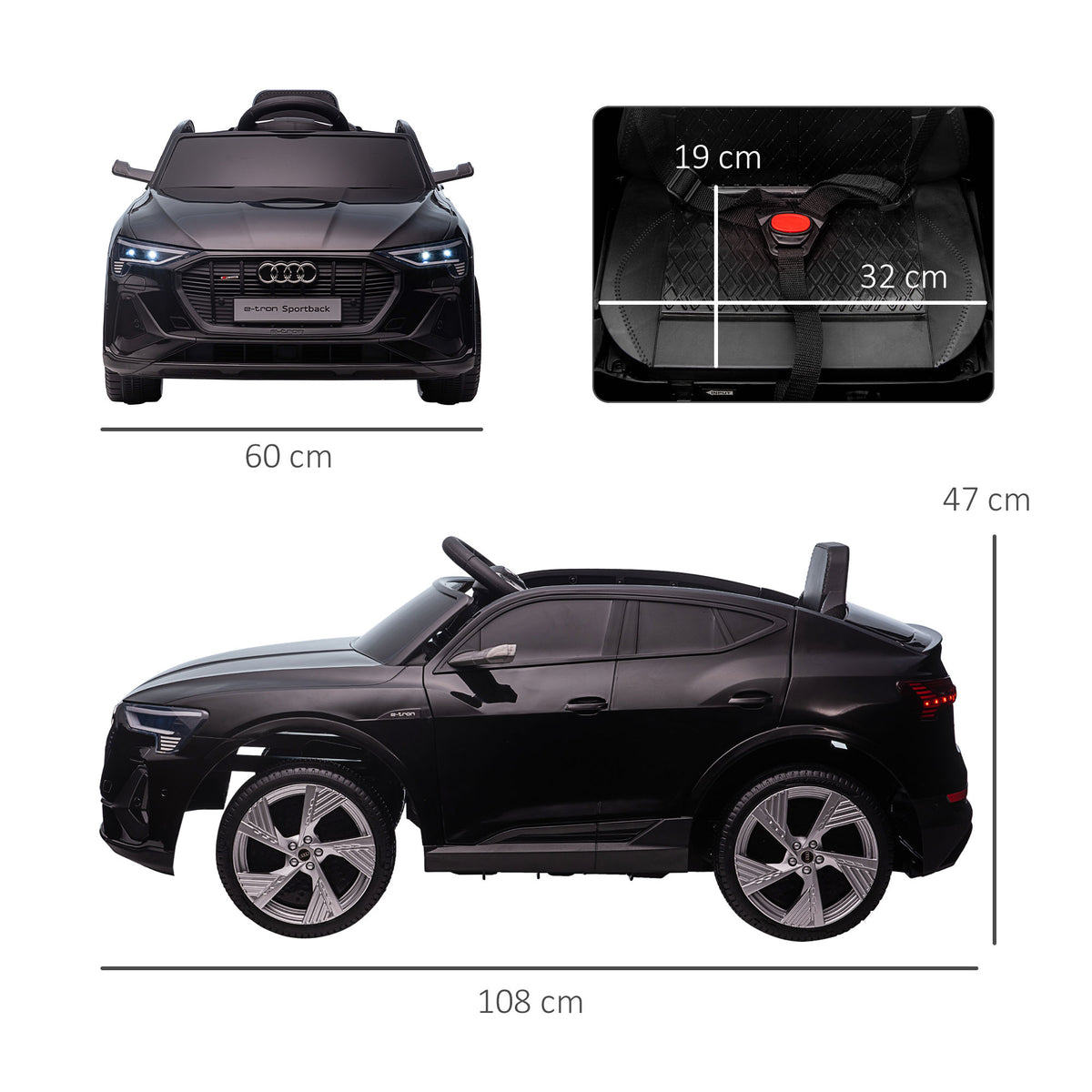 Lasten sähköauto Audi e-tron 12V, kaukosäädin, turvavyö ja musiikki, 3–5 v, musta