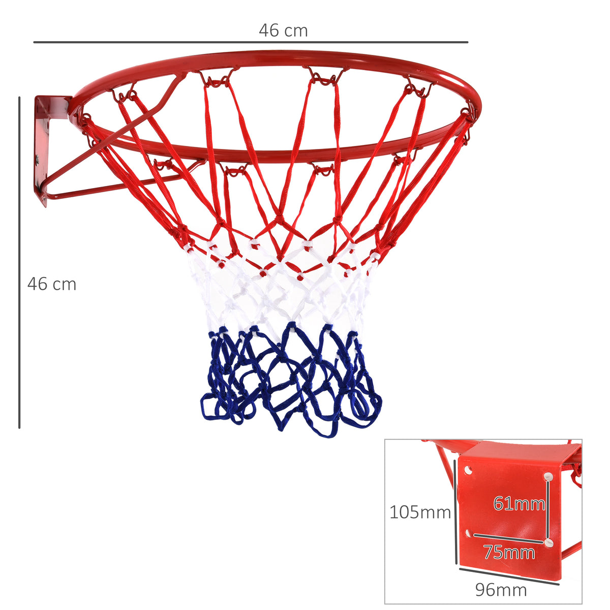Koripallokori seinäkiinnitykseen Ø 46 cm verkolla, punainen/sininen/valkoinen