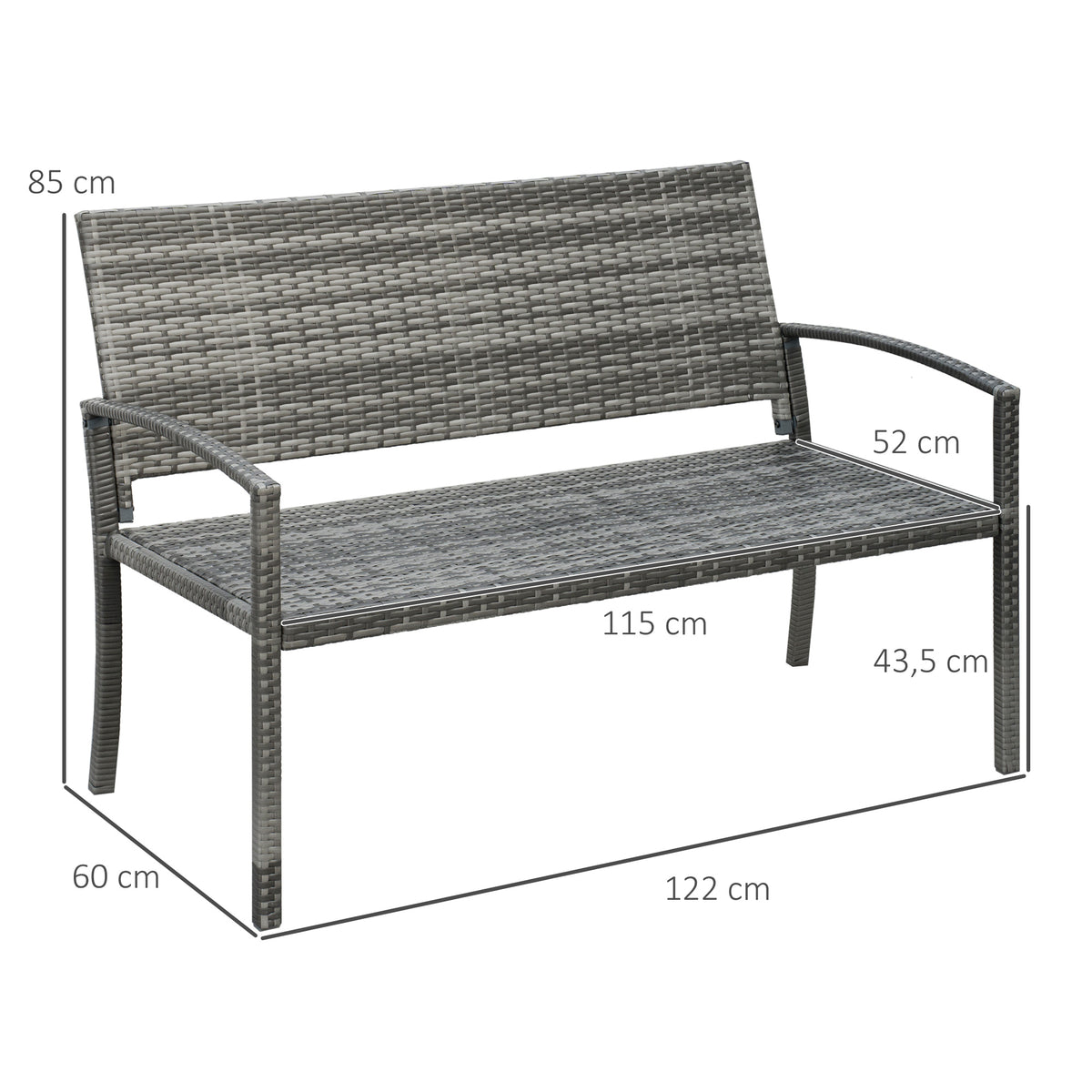 Polyrottinkinen puutarhapenkki teräsrungolla, 2-istuttava, 122 cm, ruskea