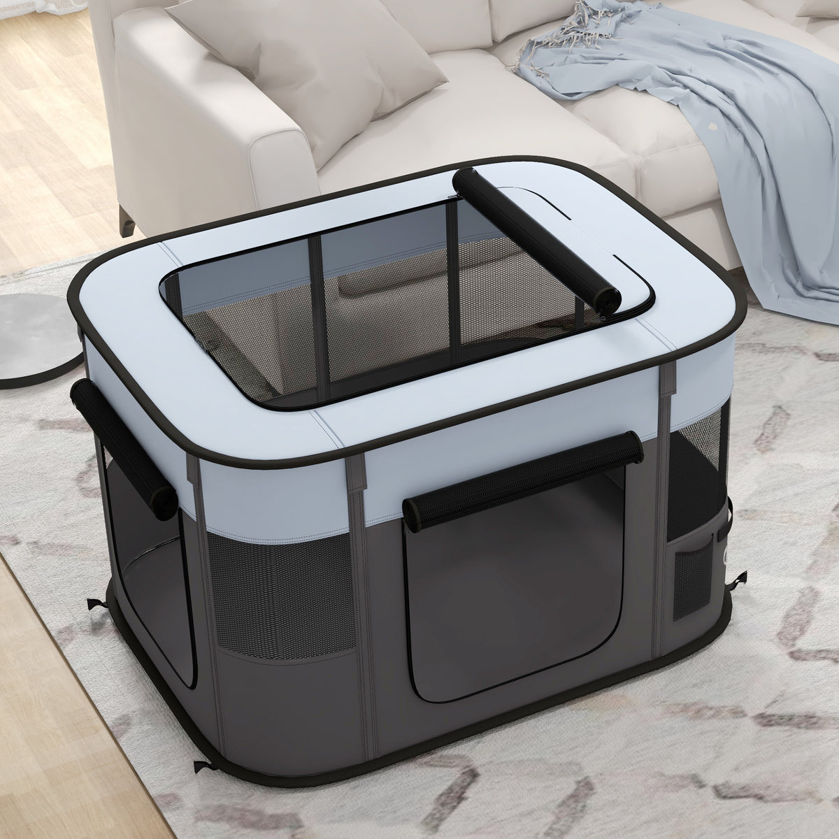 Kokoontaitettava kangasaitaus pennuille ja kissanpennuille, verkkoikkunat ja säilytystaskut, 94 x 74 x 60 cm, harmaa