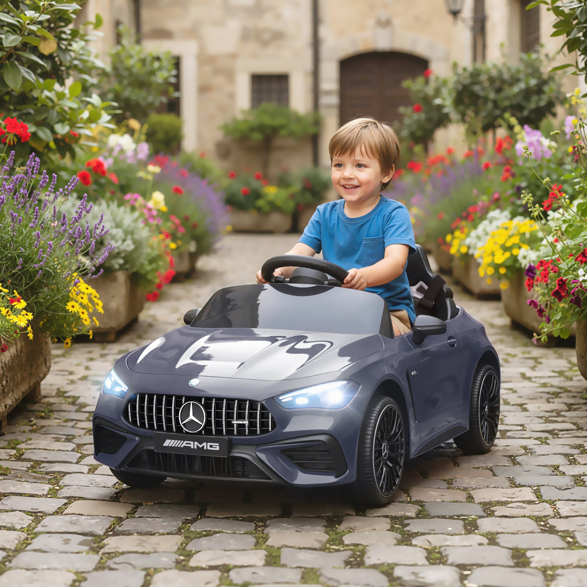 Lasten sähköauto Mercedes-AMG 12V, kaukosäädin, 3-pisteturvavyö, USB ja MP3, 3–6 v, harmaa