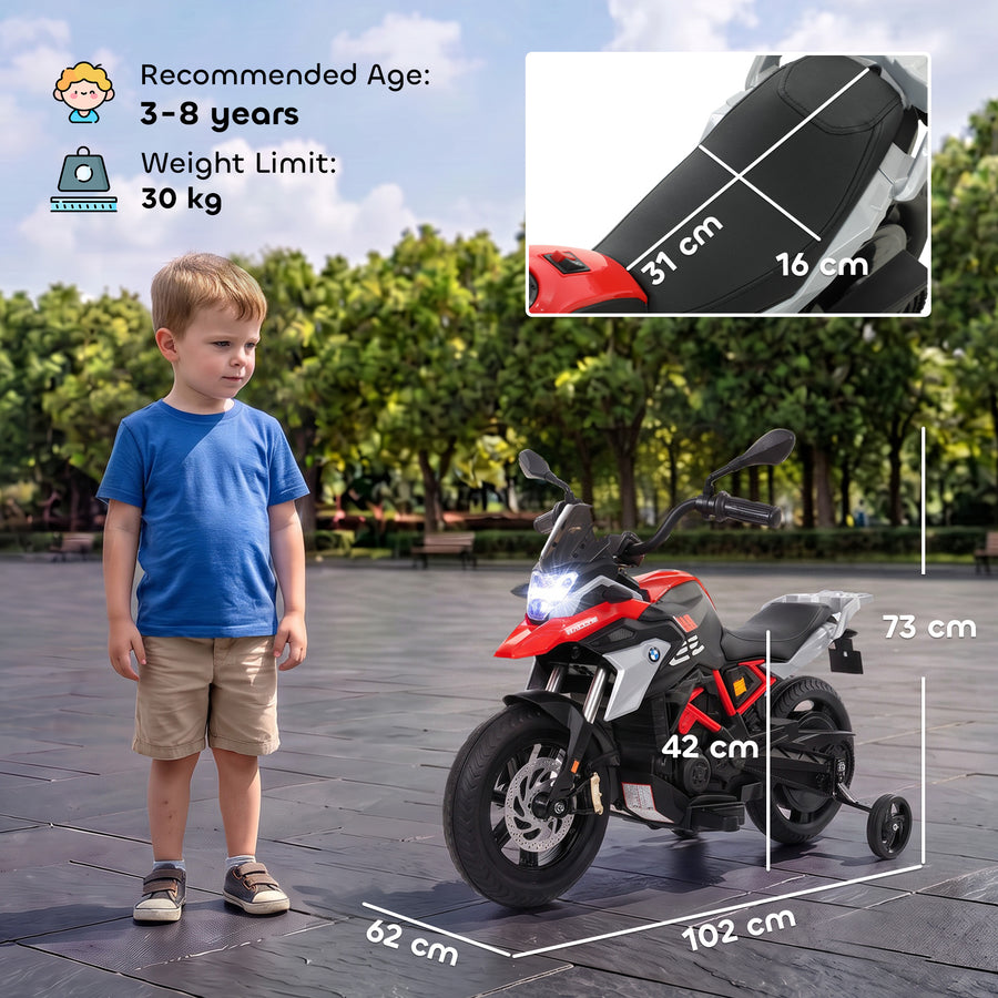 Lasten sähkömoottoripyörä BMW G 310 GS 12V litiumakulla, kahvakaasu, tukipyörät, punainen