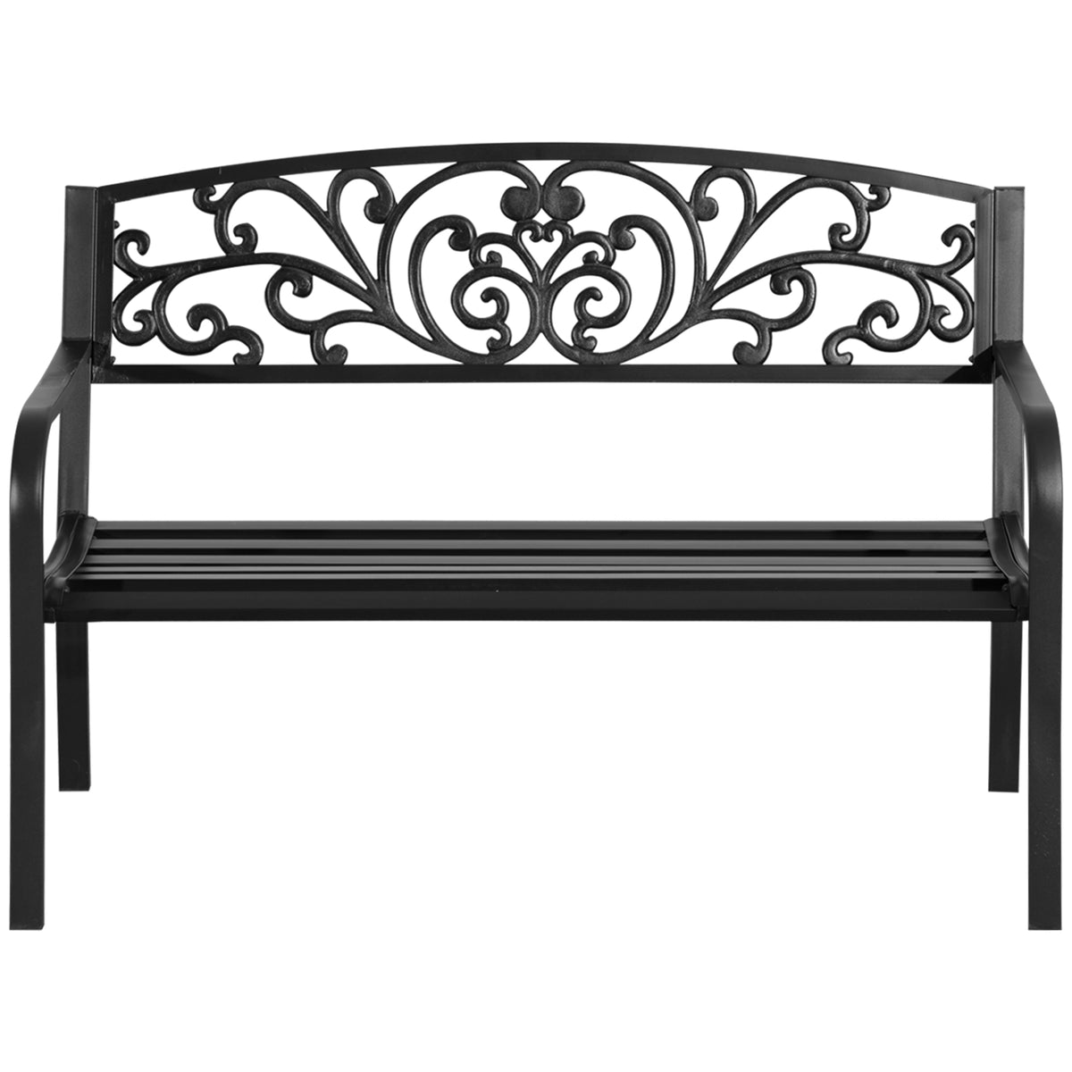 Metallinen puutarhapenkki kukkakuvioinnilla, 2-istuttava, 127 cm, musta