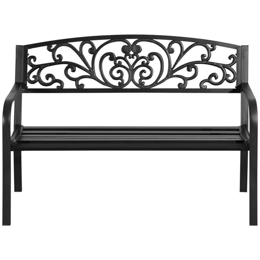 Metallinen puutarhapenkki kukkakuvioinnilla, 2-istuttava, 127 cm, musta