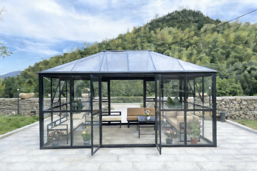 Pohjola Garden Lasinen Paviljonki / Lasipaviljonki Tupla ovilla, 288 x 426 x 275 cm, Musta, Alumiinirunko