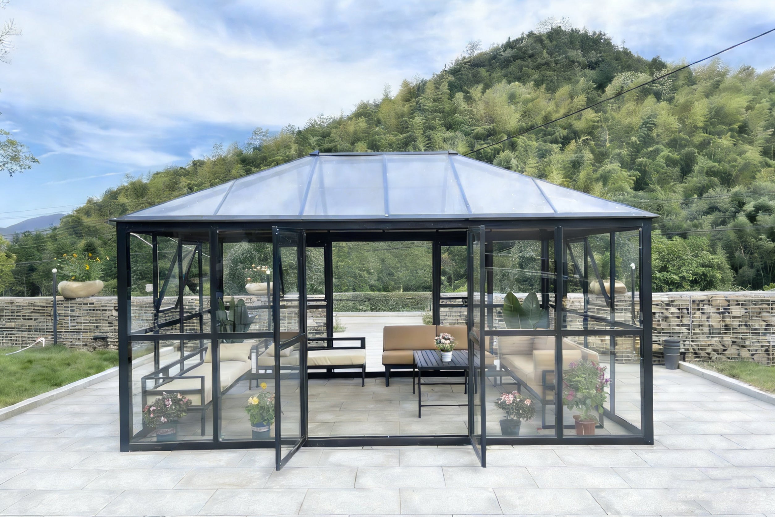 Pohjola Garden Lasinen Paviljonki / Lasipaviljonki Tupla ovilla, 288 x 426 x 275 cm, Musta, Alumiinirunko