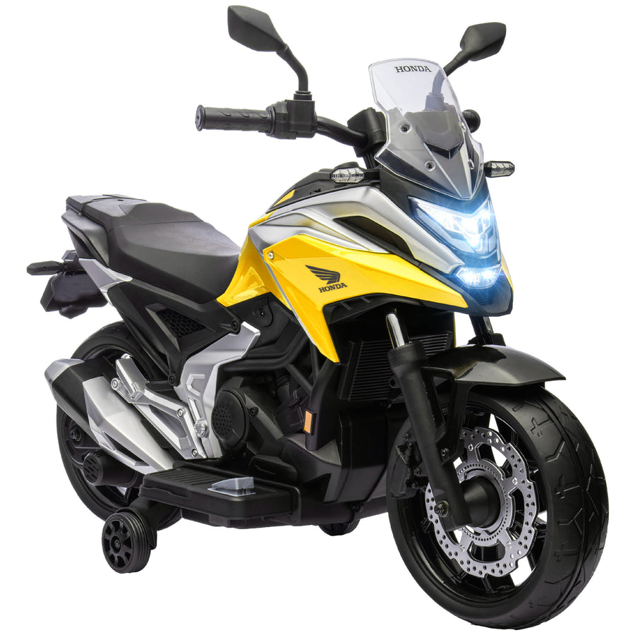 Lasten sähkömoottoripyörä Honda 12V tukipyörillä, musiikki ja valot, 3–6 v, keltainen