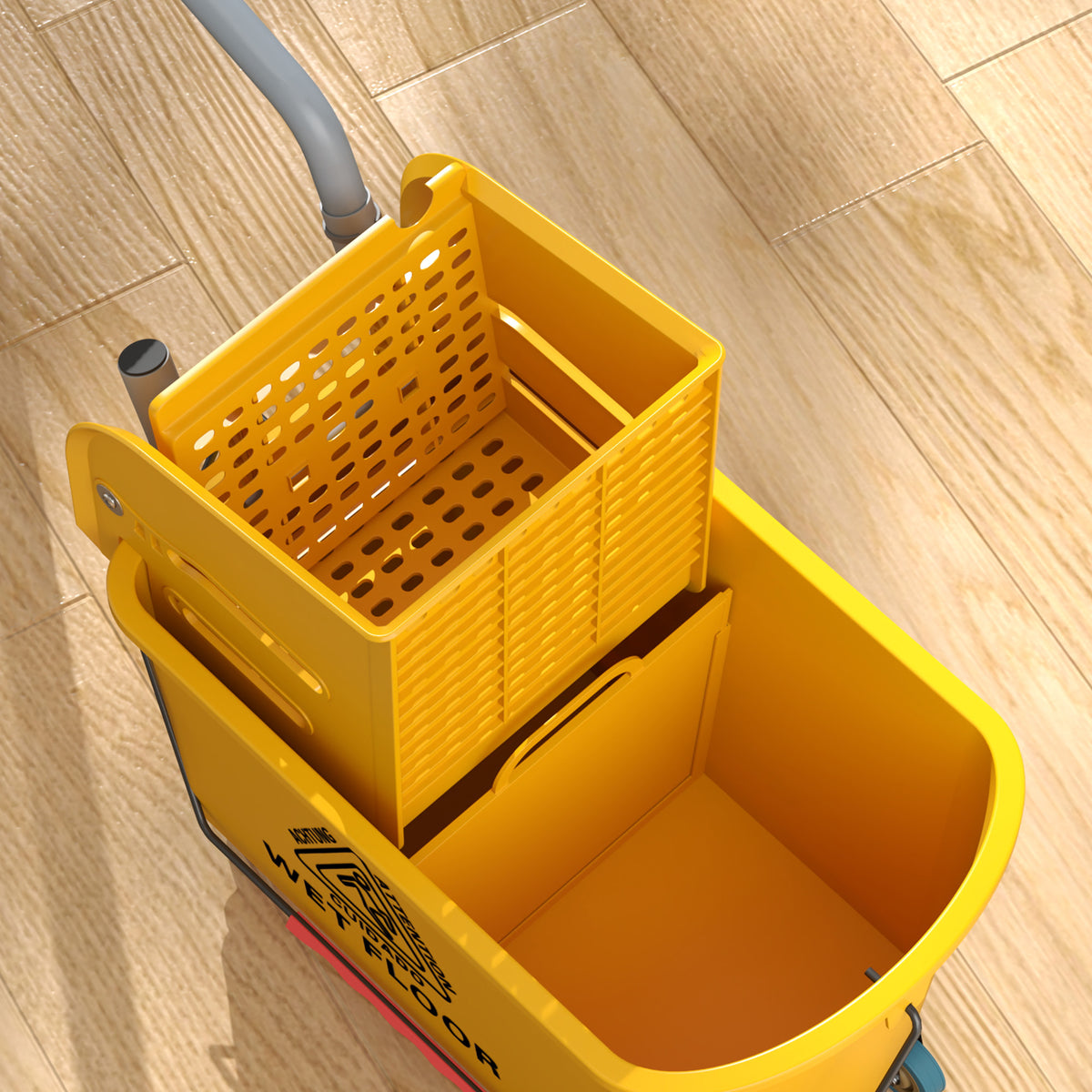 Moppiämpäri 20 l sivupuristimella, moppi ja harja-rikkalapio, säilytyskori, pyörät, keltainen