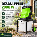 Oksasilppuri 2800 W, 45 mm leikkuukapasiteetti ja 50 l keruusäiliö