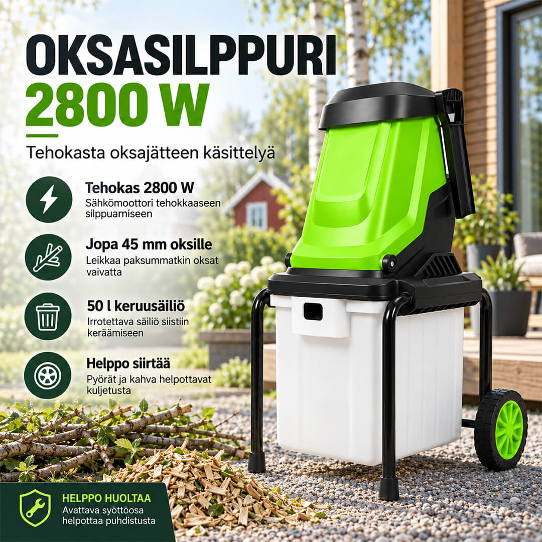 Oksasilppuri 2800 W, 45 mm leikkuukapasiteetti ja 50 l keruusäiliö