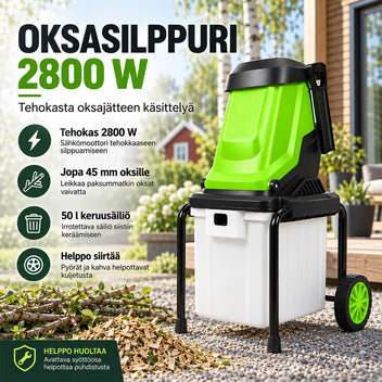 Oksasilppuri 2800 W, 45 mm leikkuukapasiteetti ja 50 l keruusäiliö