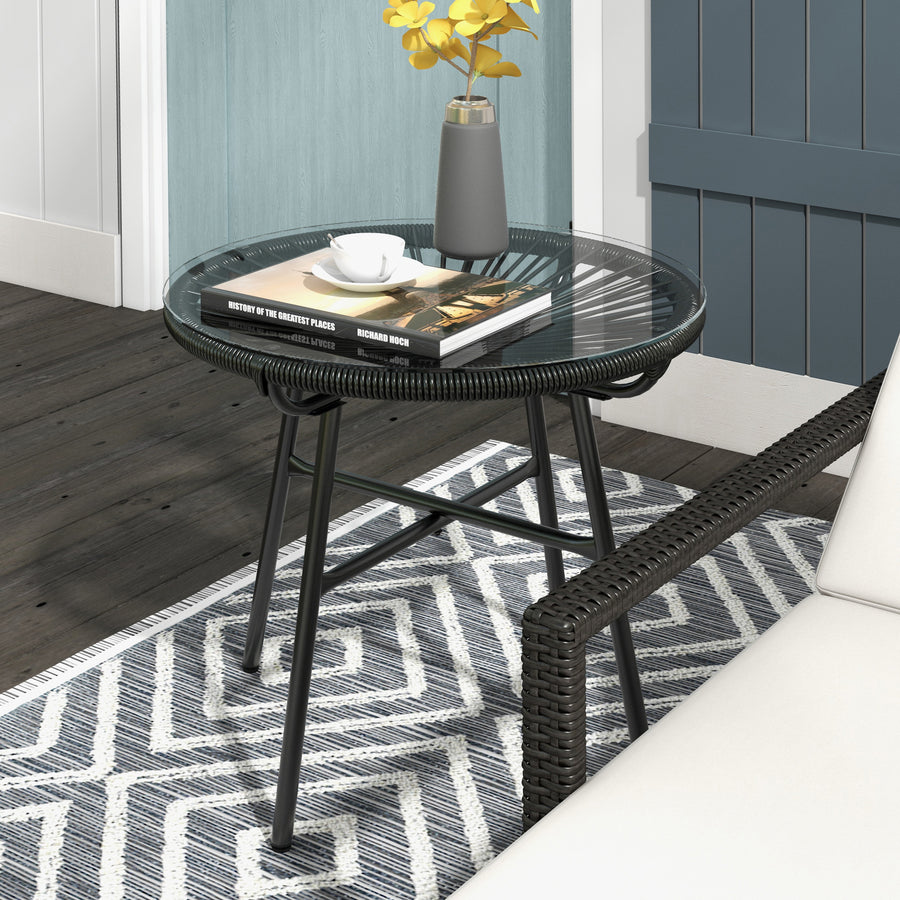 Boho-tyylinen rottinkinen sivupöytä lasikannella, Ø50 cm, musta
