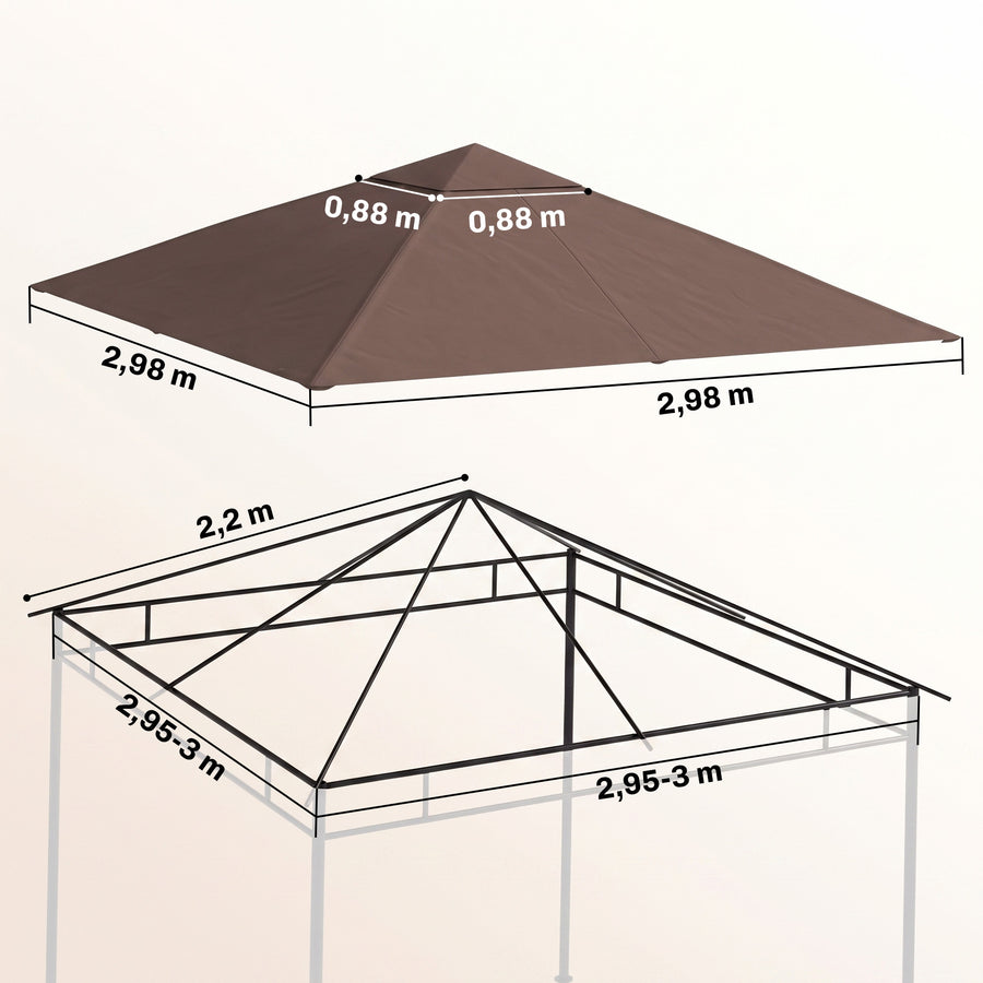 Varakatto paviljonkiin 2,98 x 2,98 m, tuuletettu yläkatto, kahvinruskea