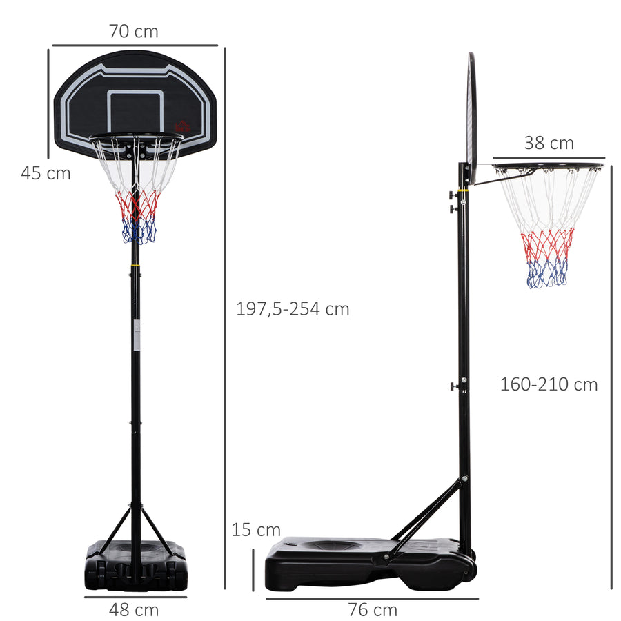 Siirrettävä koripalloteline nuorille, korin korkeus 160–210 cm, musta