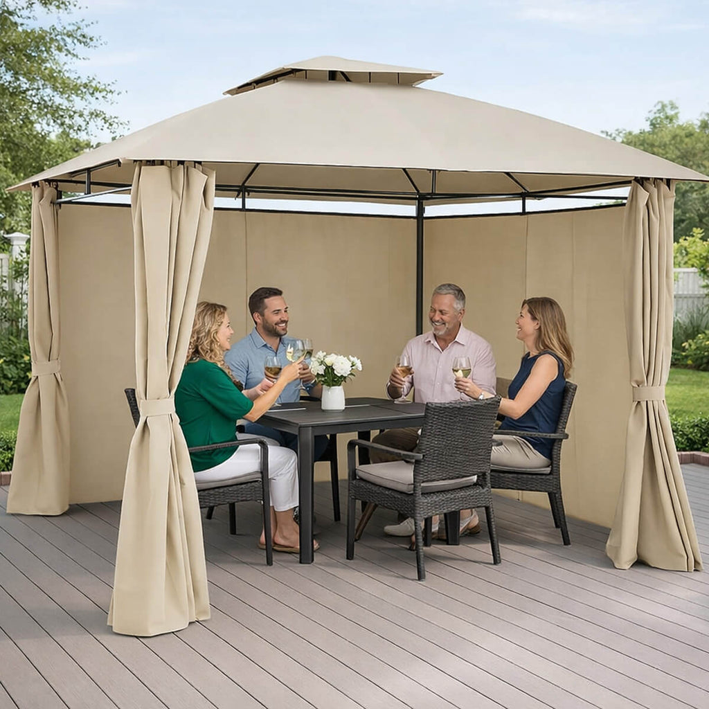 Paviljong 3 x 3 m – sidogardiner, ventilationstak, Ø 48 mm stålstolpar, beige