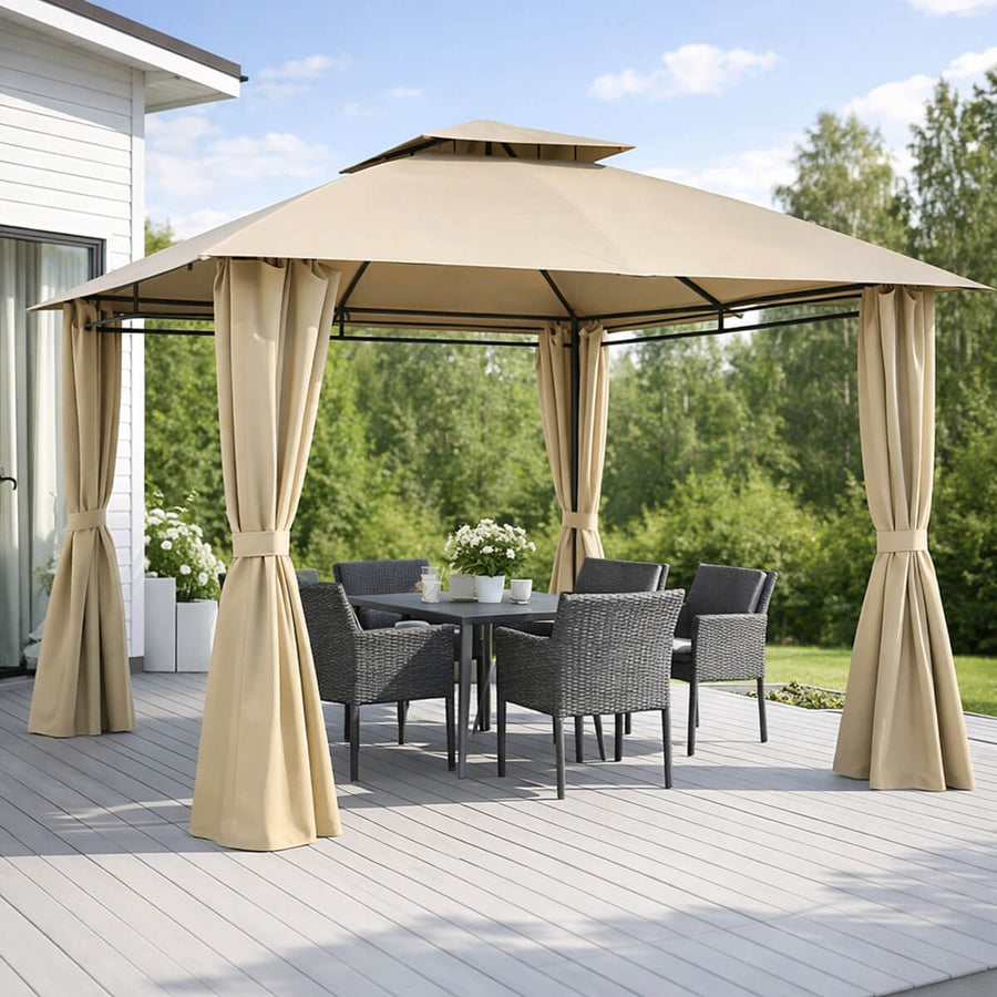 Paviljong 3 x 3 m – sidogardiner, ventilationstak, Ø 48 mm stålstolpar, beige