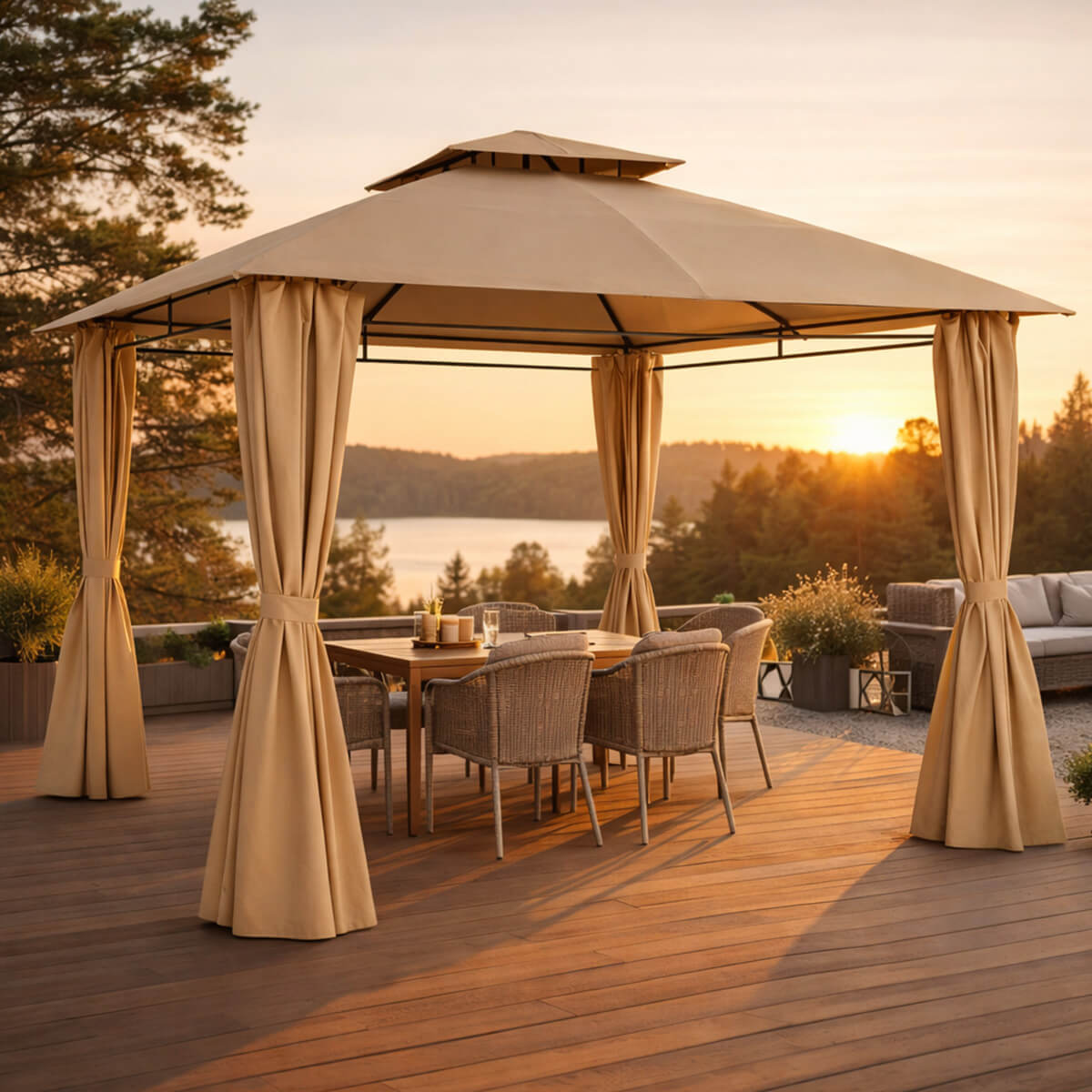 Paviljonki 3 x 3 m – sivuverhot, tuuletuskatto, Ø 48 mm teräspylväät, beige
