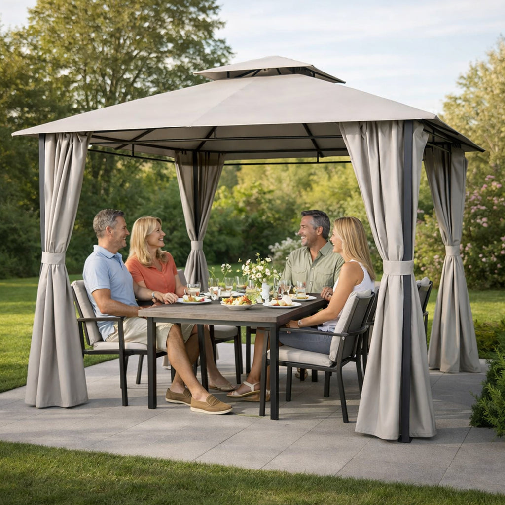 Paviljong 3 x 3 m – sidogardiner, ventilationstak, Ø 48 mm stålstolpar, grå