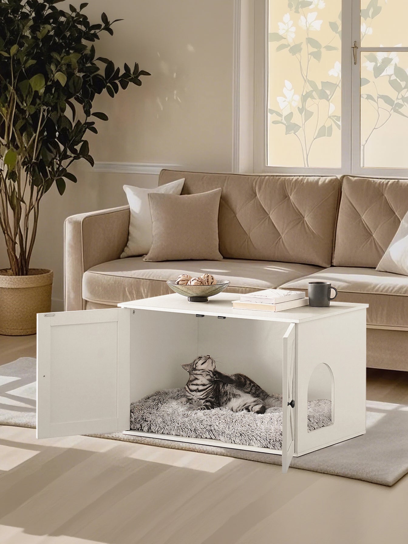 Feandrea kissatalo, kissanvessakaappi irrotettavalla väliseinällä, pöytämalli, 80 x 53 x 50cm, valkoinen