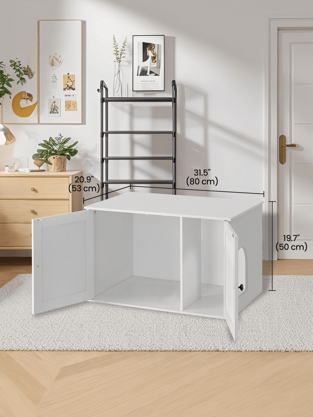 Feandrea kissatalo, kissanvessakaappi irrotettavalla väliseinällä, pöytämalli, 80 x 53 x 50cm, valkoinen