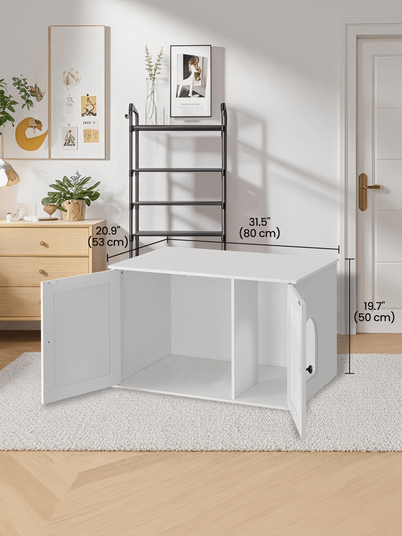 Feandrea kissatalo, kissanvessakaappi irrotettavalla väliseinällä, pöytämalli, 80 x 53 x 50cm, valkoinen